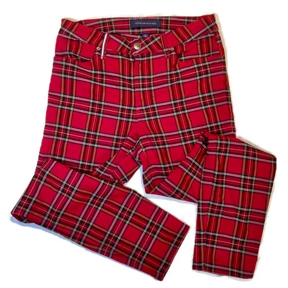 Vtg 90s Y2K Tommy Hilfiger red plaid skinny punk grunge cigarette pants Clueless - Picture 1 of 5